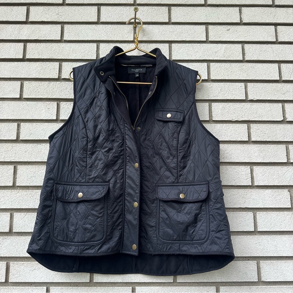 Talbots Black Diamond Quilted Fleece-Lined Vest Full Zip Snap Adjustable Petite